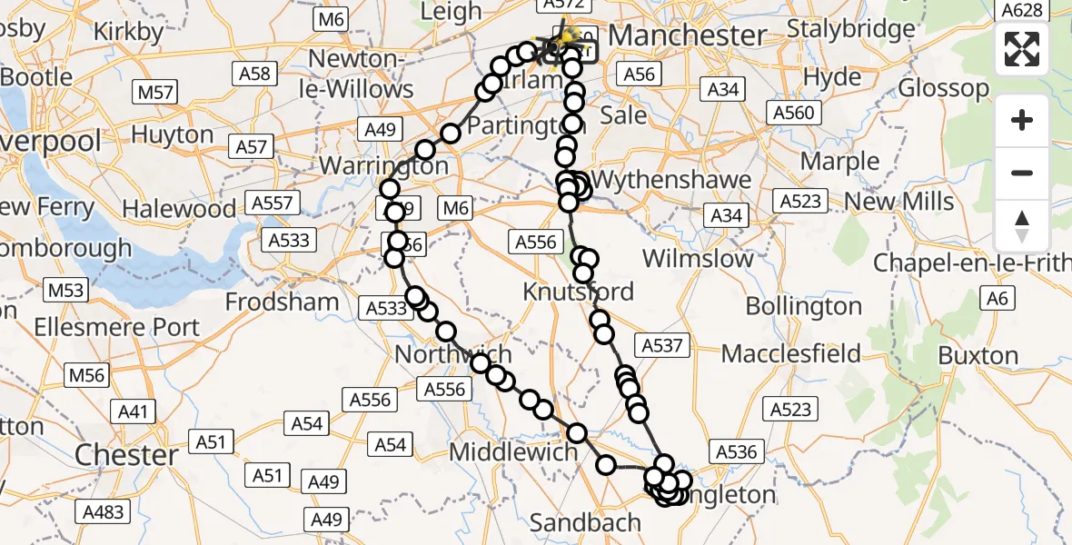 Flight path map showing Police Helicopter route from Manchester Barton Aerodrome to Manchester Barton Aerodrome