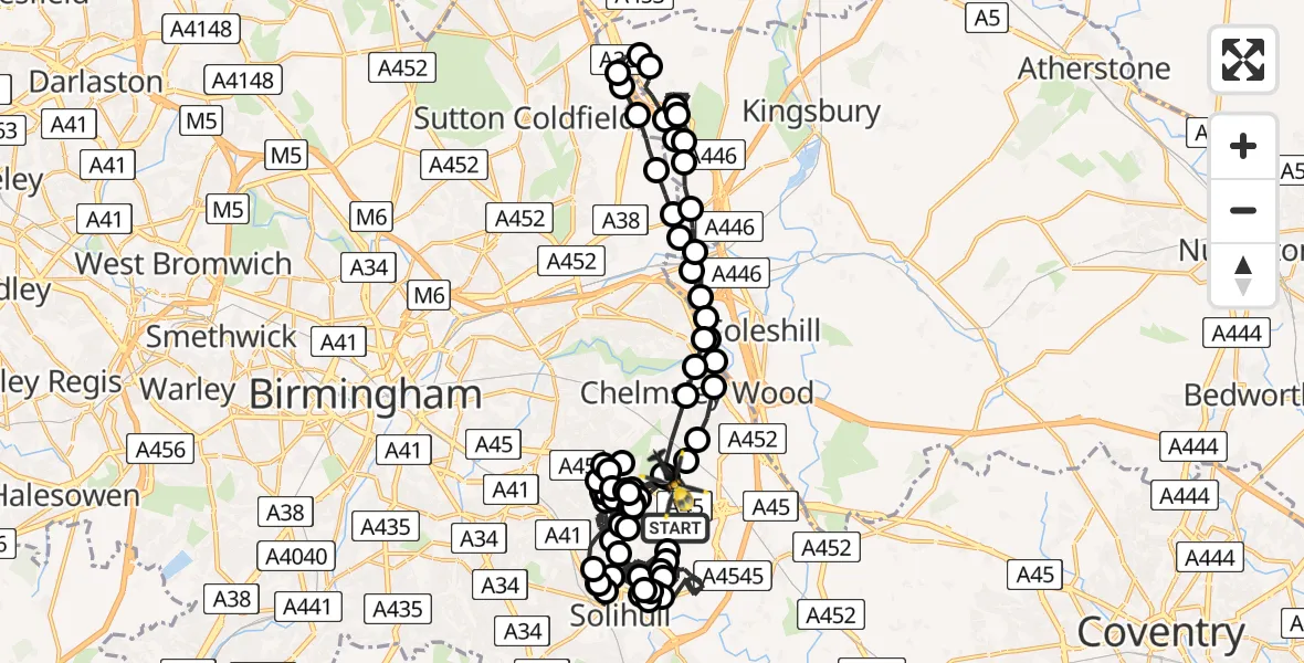 Flight route map: Police Helicopter to Birmingham Airport, Birmingham Airport