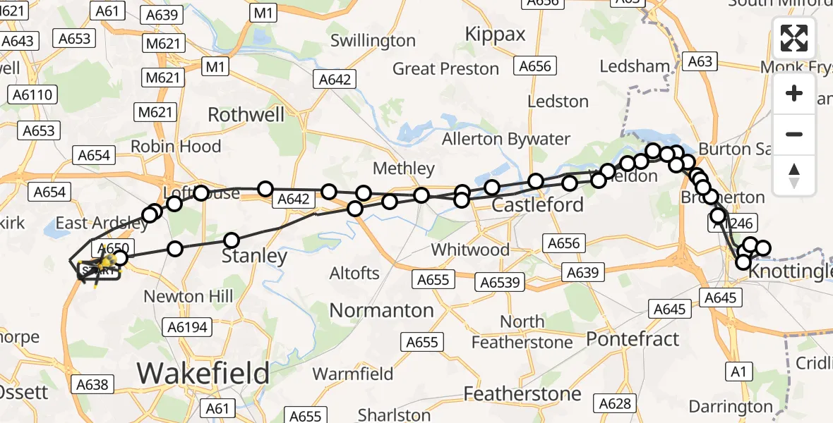 Flight path map showing Police Helicopter route from East Ardsley to East Ardsley