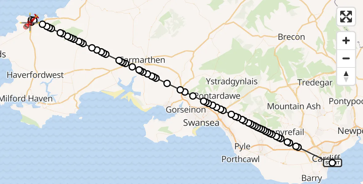 Flight route map: Air Ambulance Helicopter to Goodwick, Goodwick