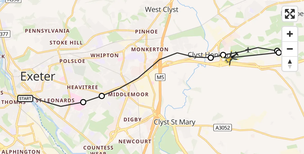 Flight route map: Police Helicopter to Exeter International Airport, Exeter International Airport