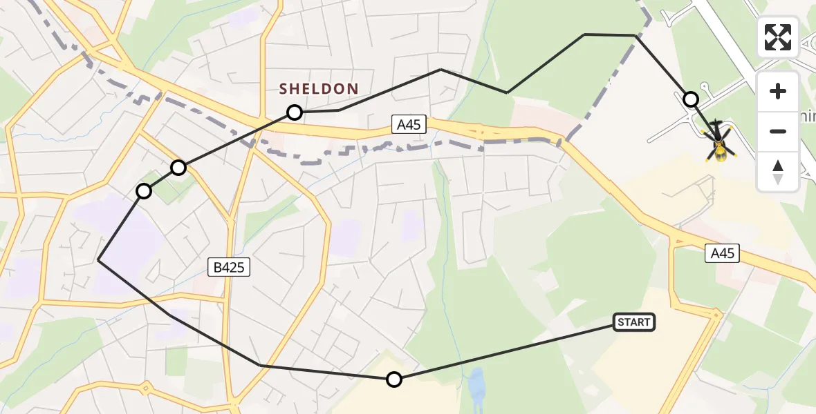 Flight route map: Police Helicopter to Birmingham Airport, Birmingham Airport