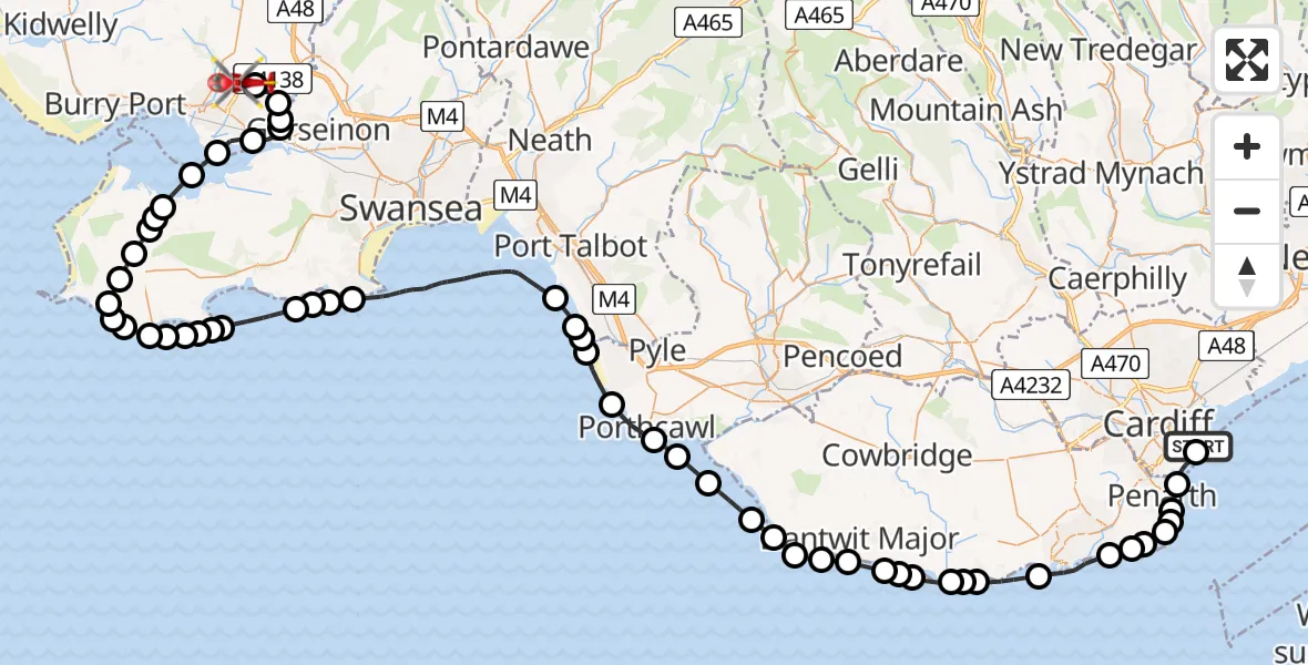 Flight route map: Air Ambulance Helicopter to Dafen, Heol Aur
