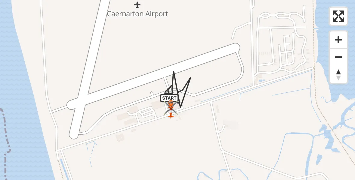 Flight path map showing Coastguard Helicopter route from Caernarfon Airport to Caernarfon Airport