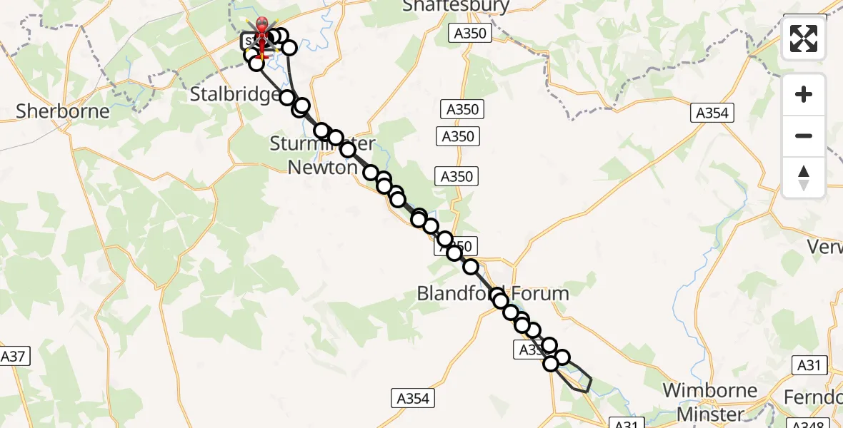 Flight route map: Air Ambulance Helicopter to Henstridge Airfield, Henstridge Airfield
