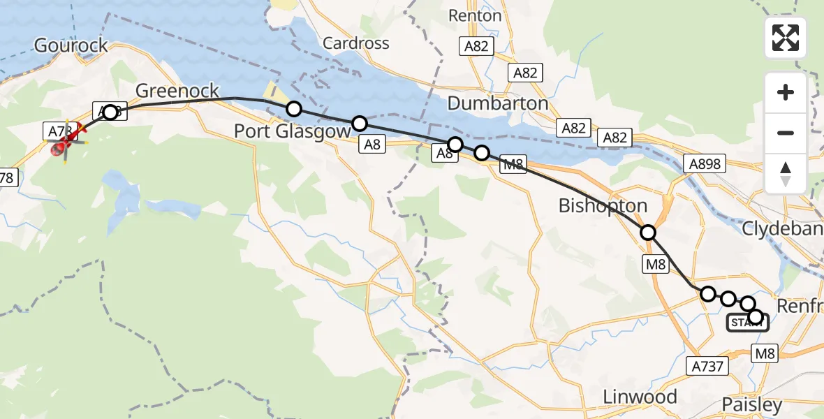 Routekaart van de vlucht: Air Ambulance Helicopter to Branchton, The Greenock Cut