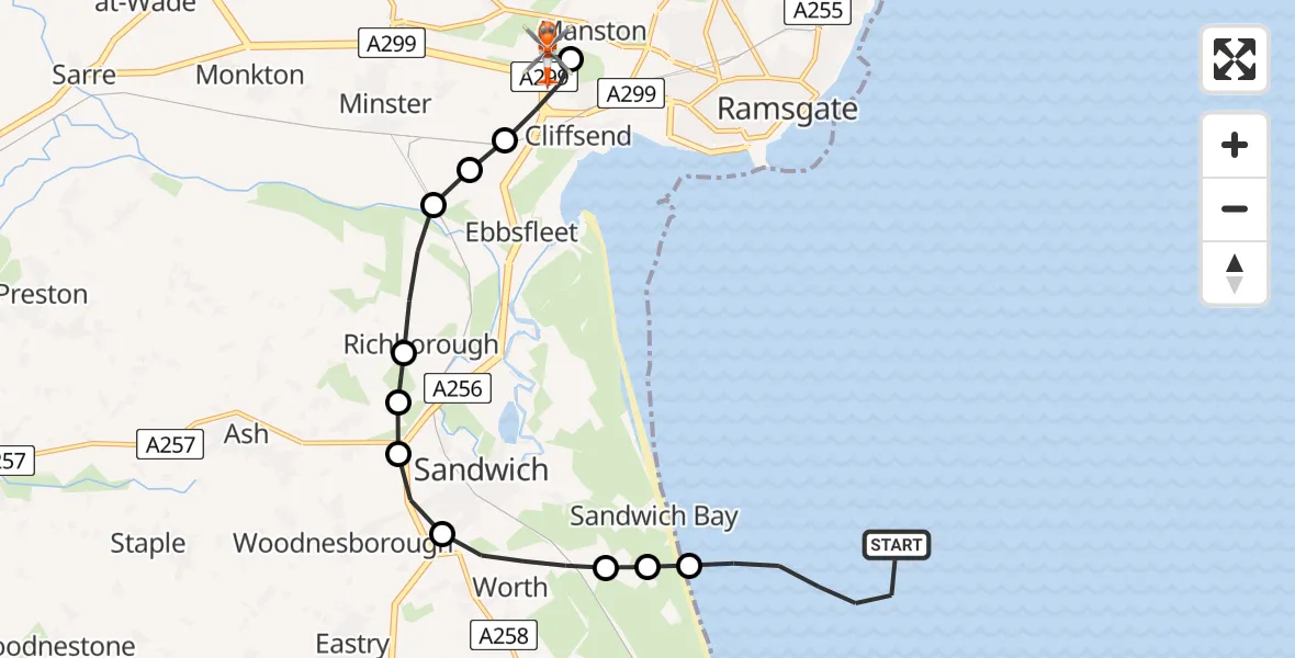 Flight route map: Coastguard Helicopter to Manston Airport, Manston Airport