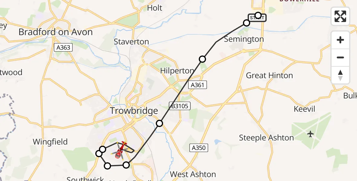 Flight route map: Air Ambulance Helicopter to Trowbridge, Sycamore Grove