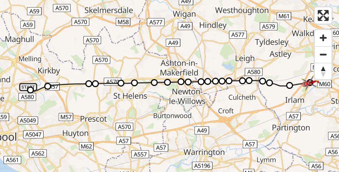 Flight route map: Air Ambulance Helicopter to Manchester Barton Aerodrome, Manchester Barton Aerodrome