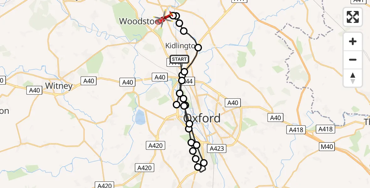 Flight route map: Air Ambulance Helicopter to Shipton-on-Cherwell, Upper Campsfield Road