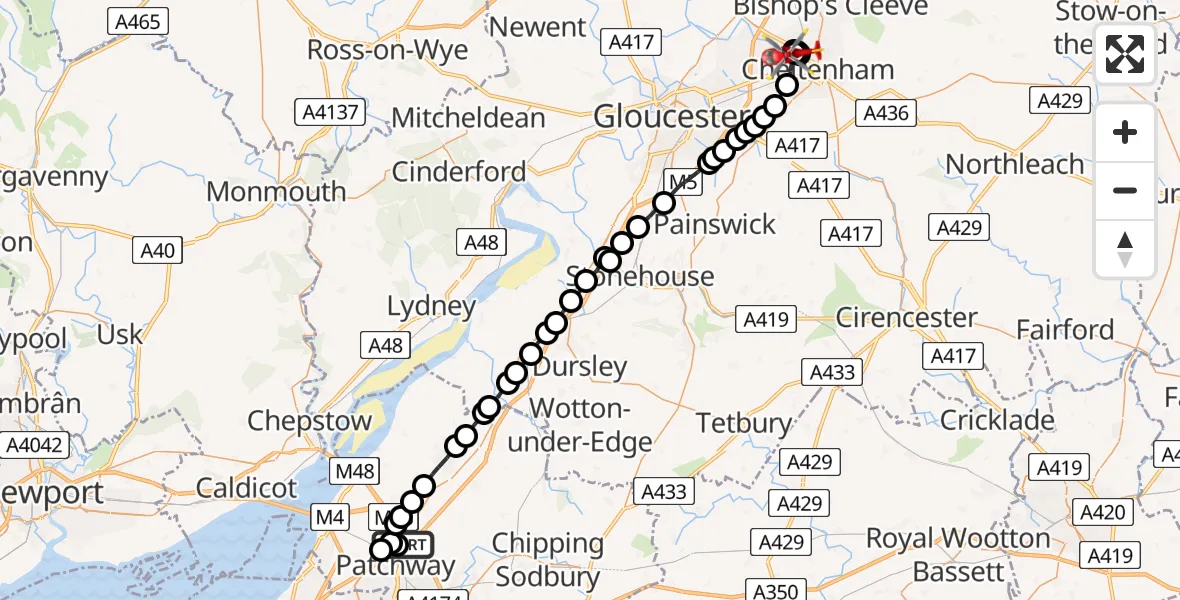 Flight route map: Air Ambulance Helicopter to Cheltenham, Tewkesbury Road