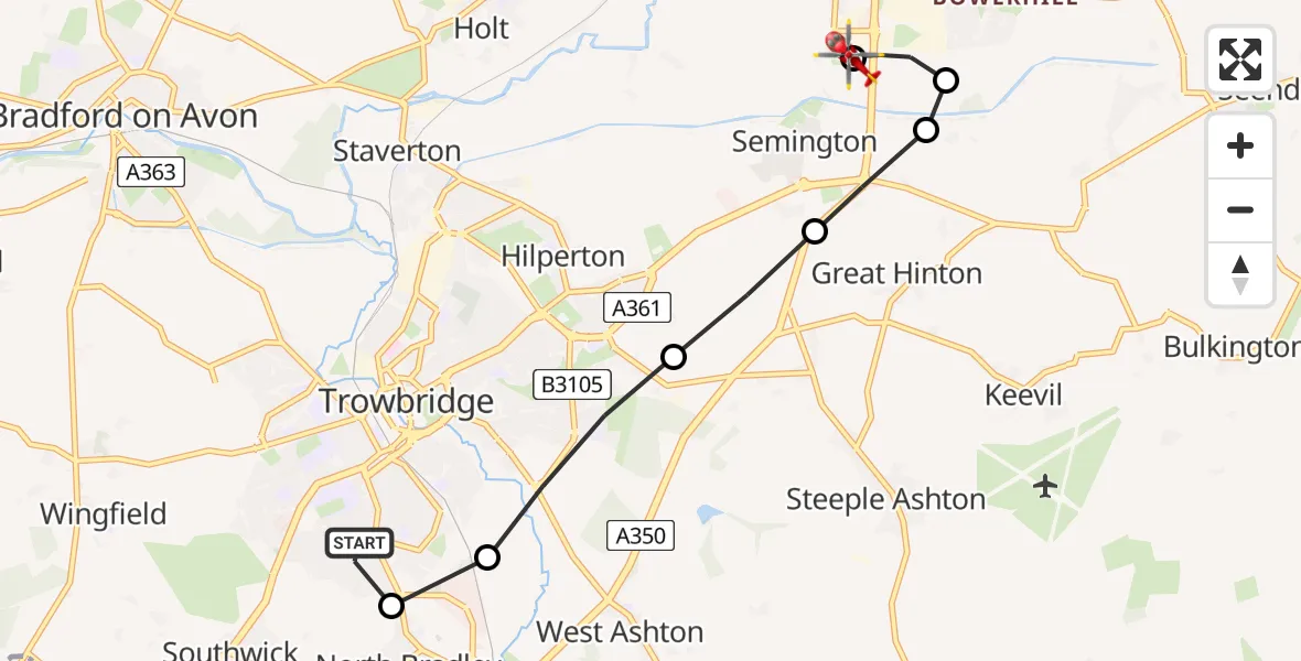 Flight route map: Air Ambulance Helicopter to Wiltshire Air Ambulance, Commerce Way