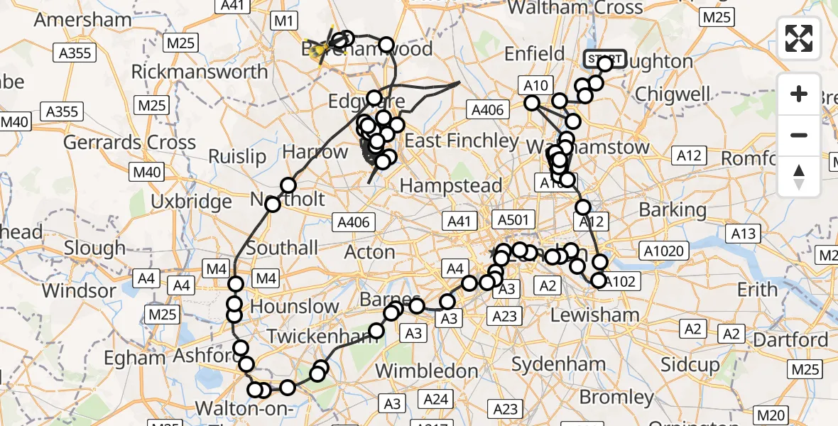 Flight route map: Police Helicopter to Elstree Airfield, Elstree Airfield