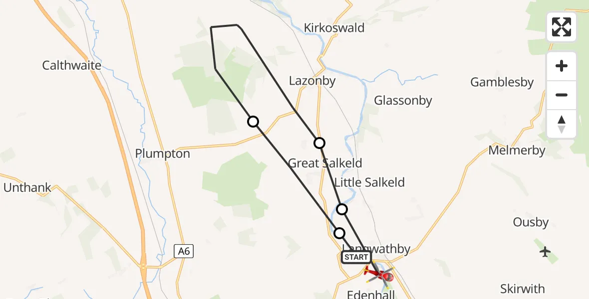 Flight route map: Air Ambulance Helicopter to Edenhall, Ladies Walk