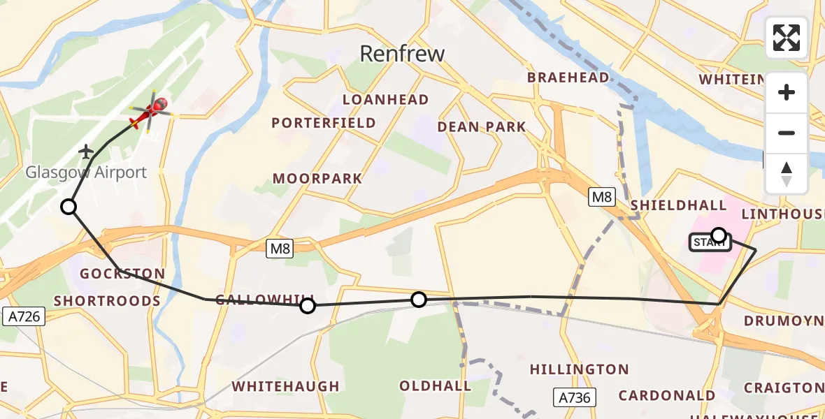 Flight route map: Air Ambulance Helicopter to Glasgow Airport, Glasgow Airport
