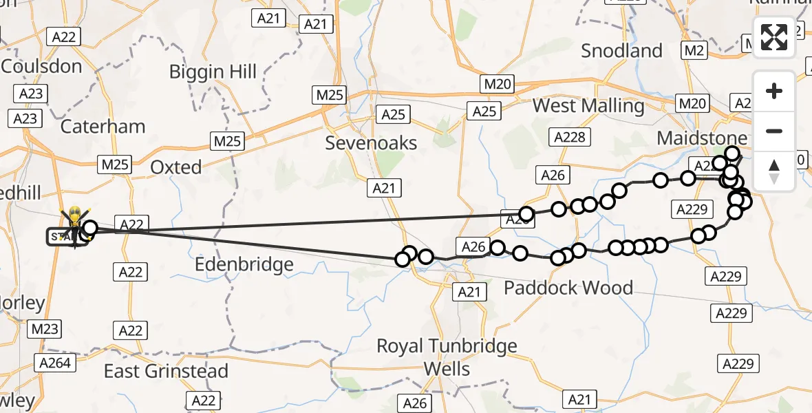 Routekaart van de vlucht: Police Helicopter to Tandridge, Outwood Lane