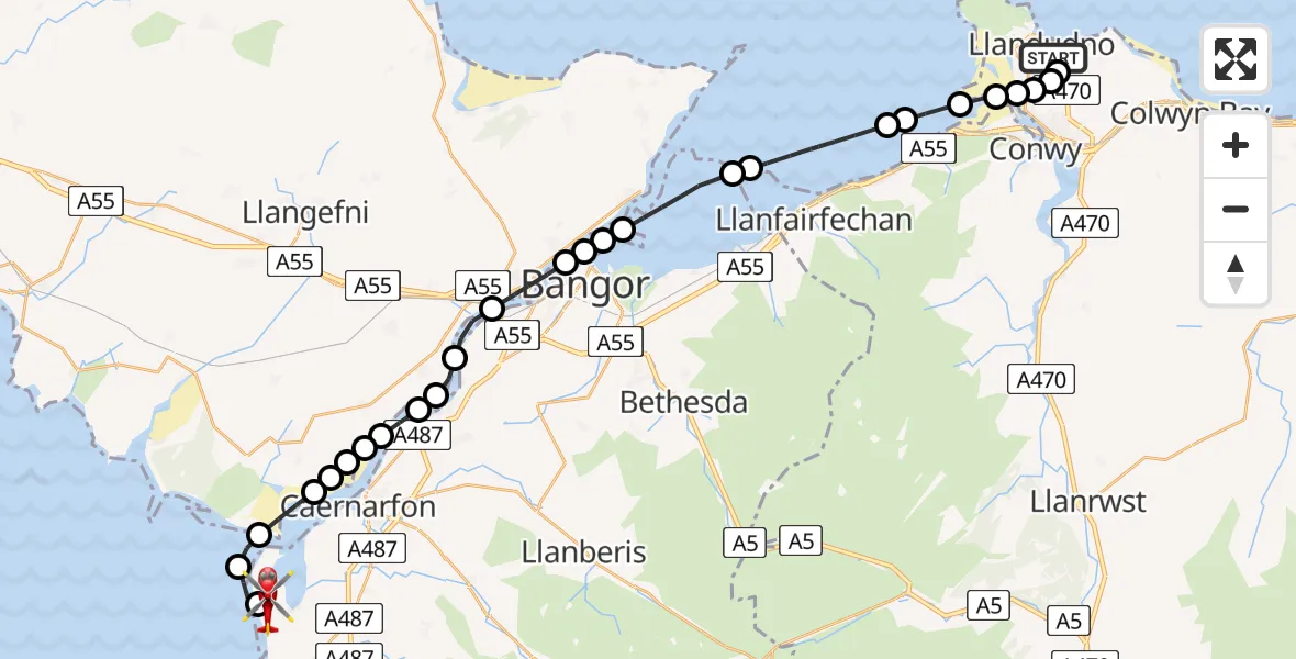 Flight route map: Air Ambulance Helicopter to Caernarfon Airport, Caernarfon Airport