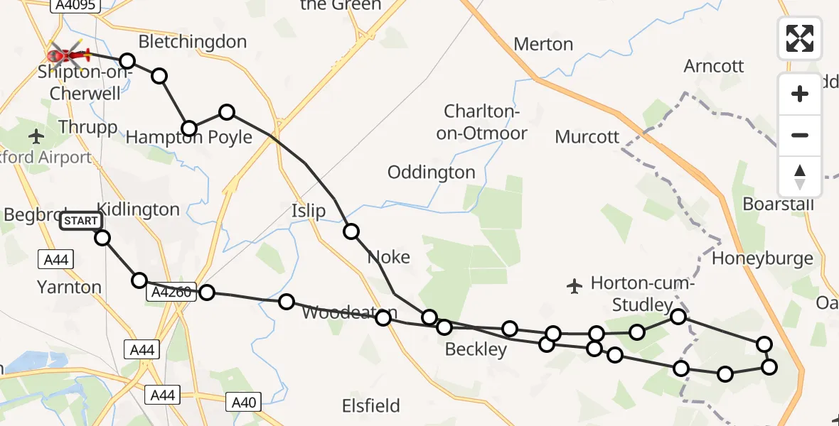 Flight route map: Air Ambulance Helicopter to Shipton-on-Cherwell, Railway Cottages