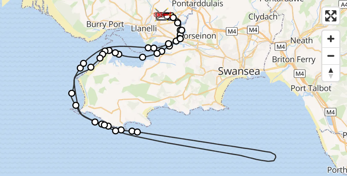 Flight route map: Air Ambulance Helicopter to Dafen, Heol Aur
