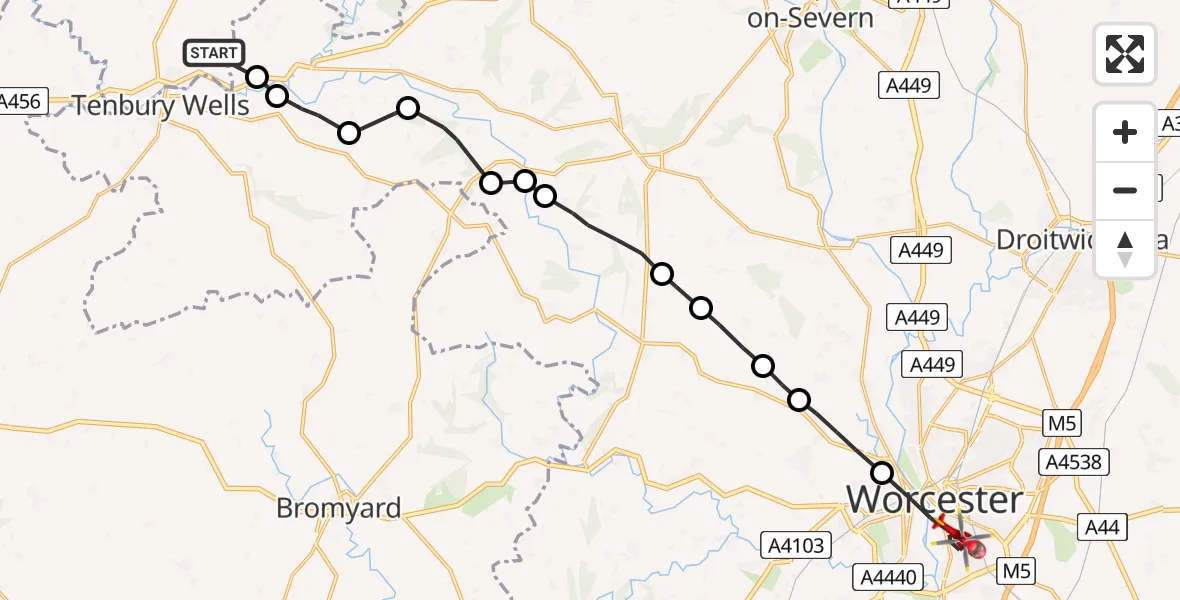 Flight route map: Air Ambulance Helicopter to Worcester, Timberdine Avenue
