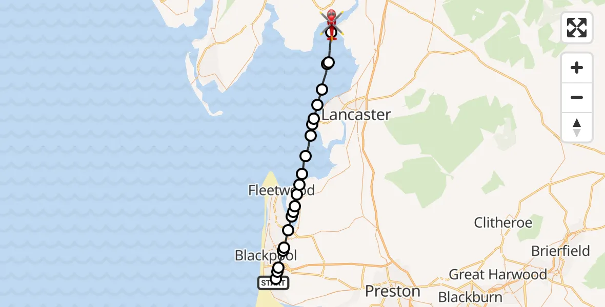 Flight route map: Air Ambulance Helicopter to Arnside, Arnside