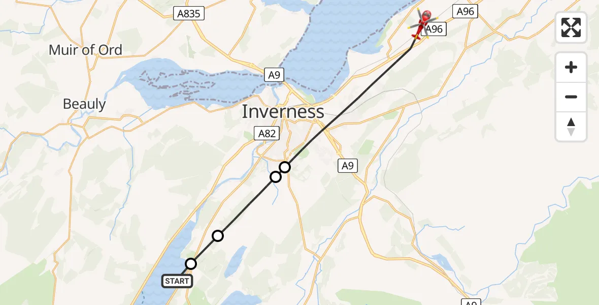 Flight route map: Air Ambulance Helicopter to Tornagrain, Tornagrain