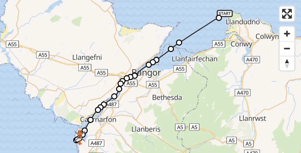 Routekaart van de vlucht: Coastguard Helicopter to Caernarfon Airport, Caernarfon Airport
