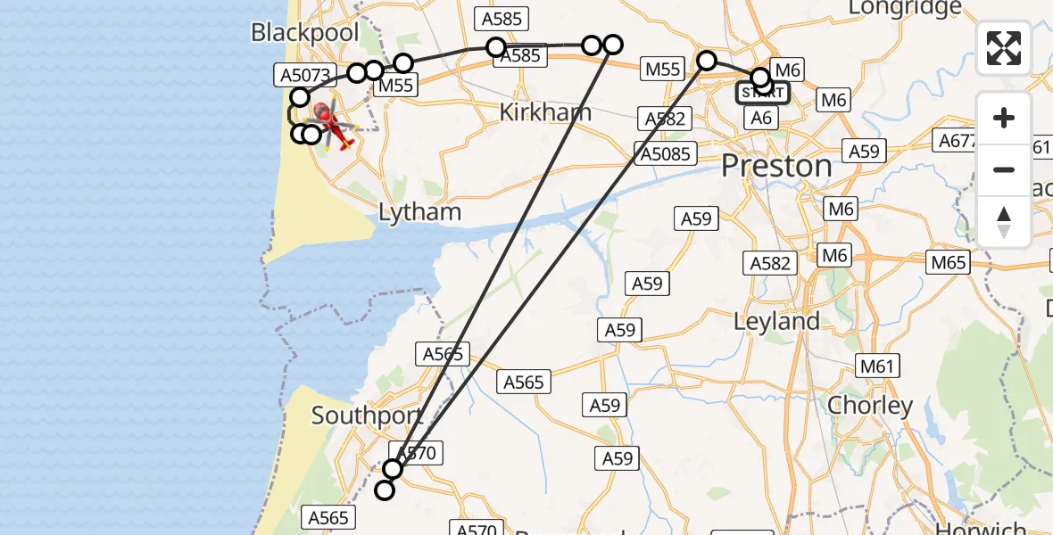 Flight route map: Air Ambulance Helicopter to Common Edge, Amy Johnson Way