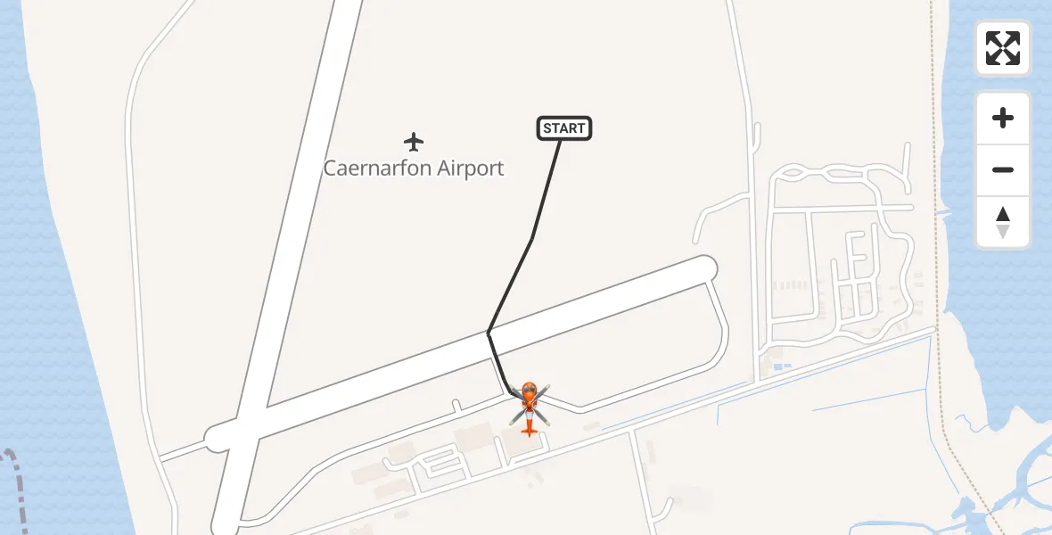 Flight path map showing Coastguard Helicopter route from Caernarfon Airport to Caernarfon Airport