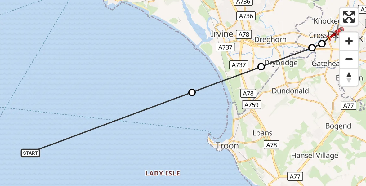 Flight route map: Air Ambulance Helicopter to Crosshouse, Kilmarnock Road