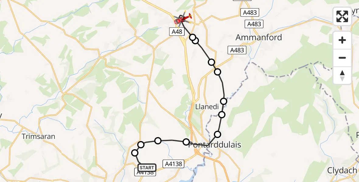Flight route map: Air Ambulance Helicopter to Gorslas, Church Road