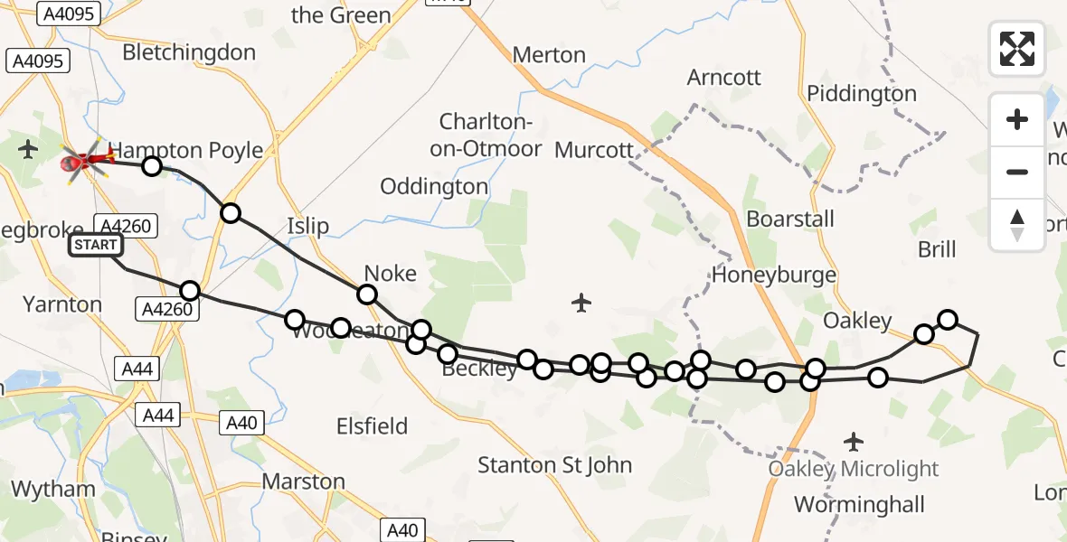 Flight route map: Air Ambulance Helicopter to Kidlington, Banbury Road