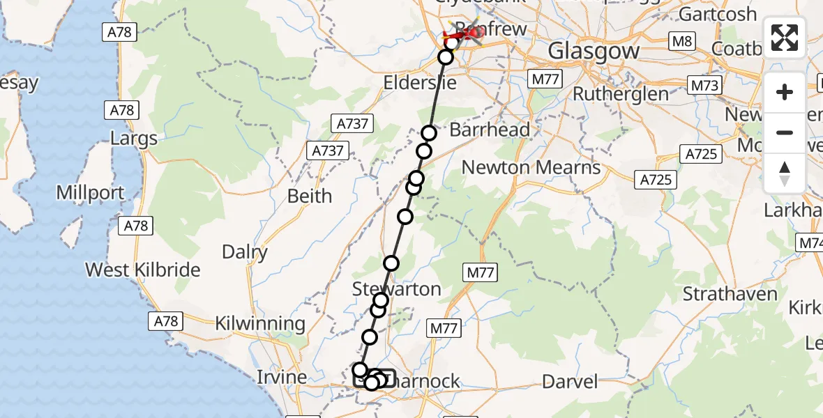 Flight route map: Air Ambulance Helicopter to Glasgow Airport, Glasgow Airport