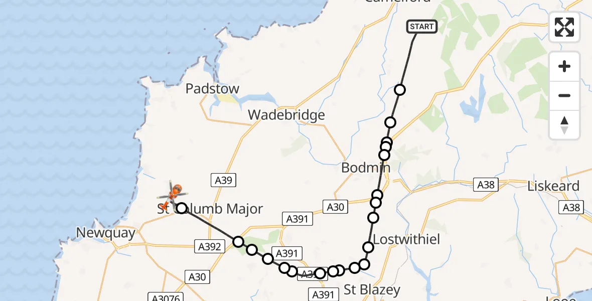 Flight route map: Coastguard Helicopter to Cornwall Airport Newquay, Cornwall Airport Newquay