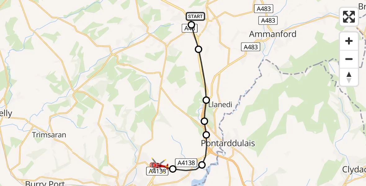 Routekaart van de vlucht: Air Ambulance Helicopter to Dafen, Heol Aur