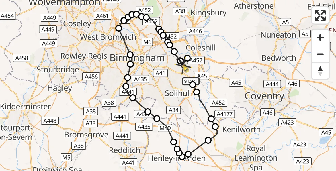 Flight route map: Police Helicopter to Birmingham Airport, Birmingham Airport