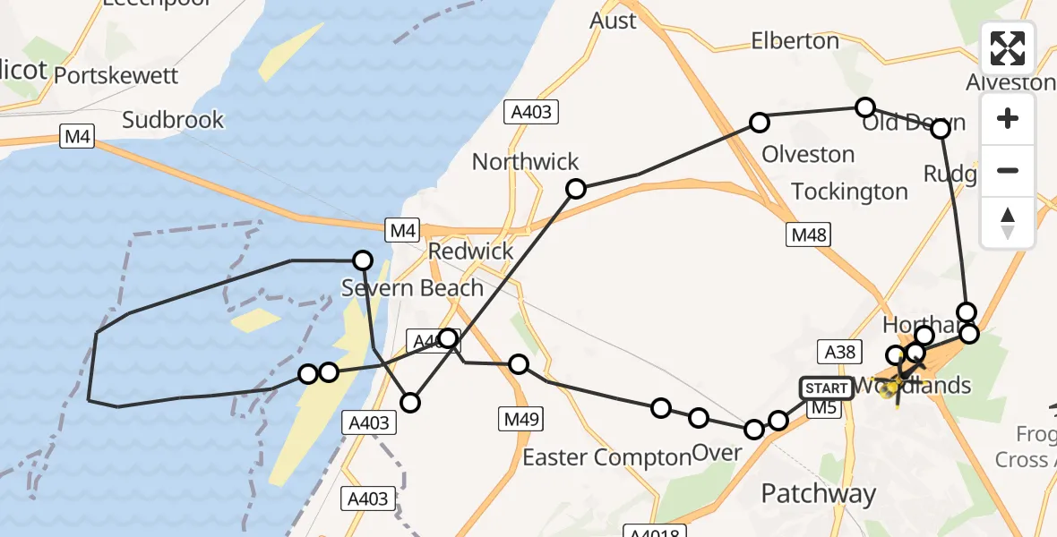Flight route map: Police Helicopter to Almondsbury Helicopter Base, Almondsbury Helicopter Base