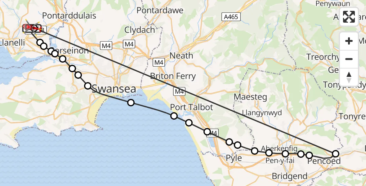 Flight route map: Air Ambulance Helicopter to Dafen, Penprys Road