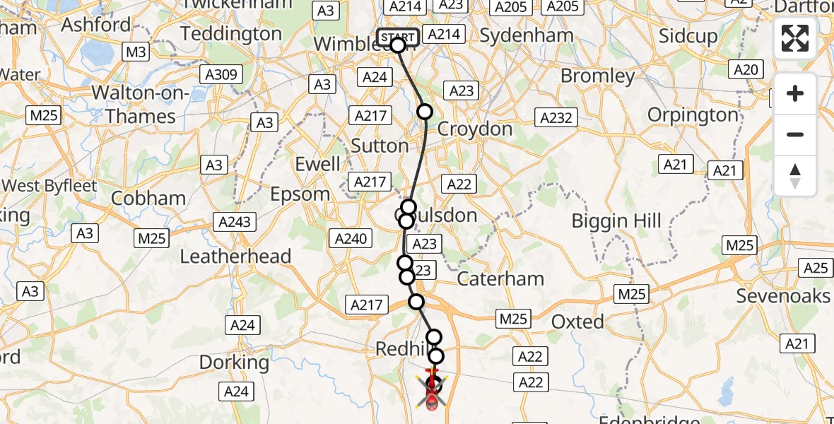 Flight route map: Air Ambulance Helicopter to Redhill Aerodrome, Redhill Aerodrome