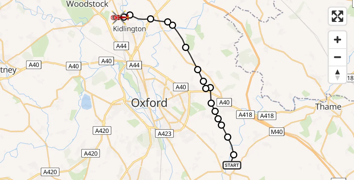 Routekaart van de vlucht: Air Ambulance Helicopter to Kidlington, Banbury Road