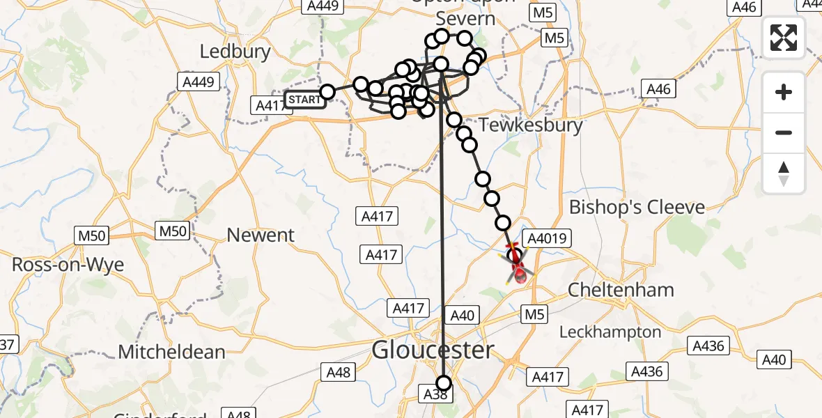 Routekaart van de vlucht: Air Ambulance Helicopter to Tewkesbury, Tewkesbury