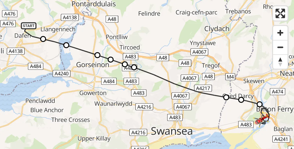 Flight route map: Air Ambulance Helicopter to Briton Ferry, Fabian Way