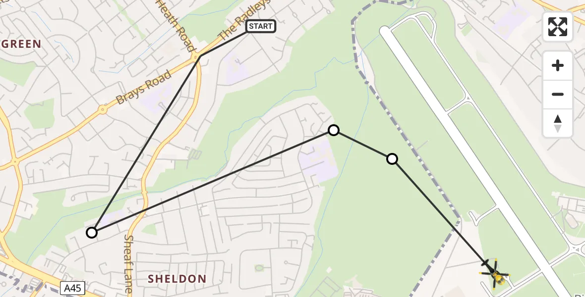 Flight route map: Police Helicopter to Birmingham Airport, Birmingham Airport