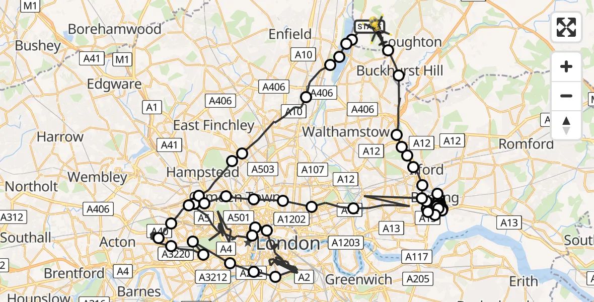 Flight route map: Police Helicopter to Metropolitan Police Air Support Unit Lippitts Hill, Metropolitan Police Air Support Unit Lippitts Hill