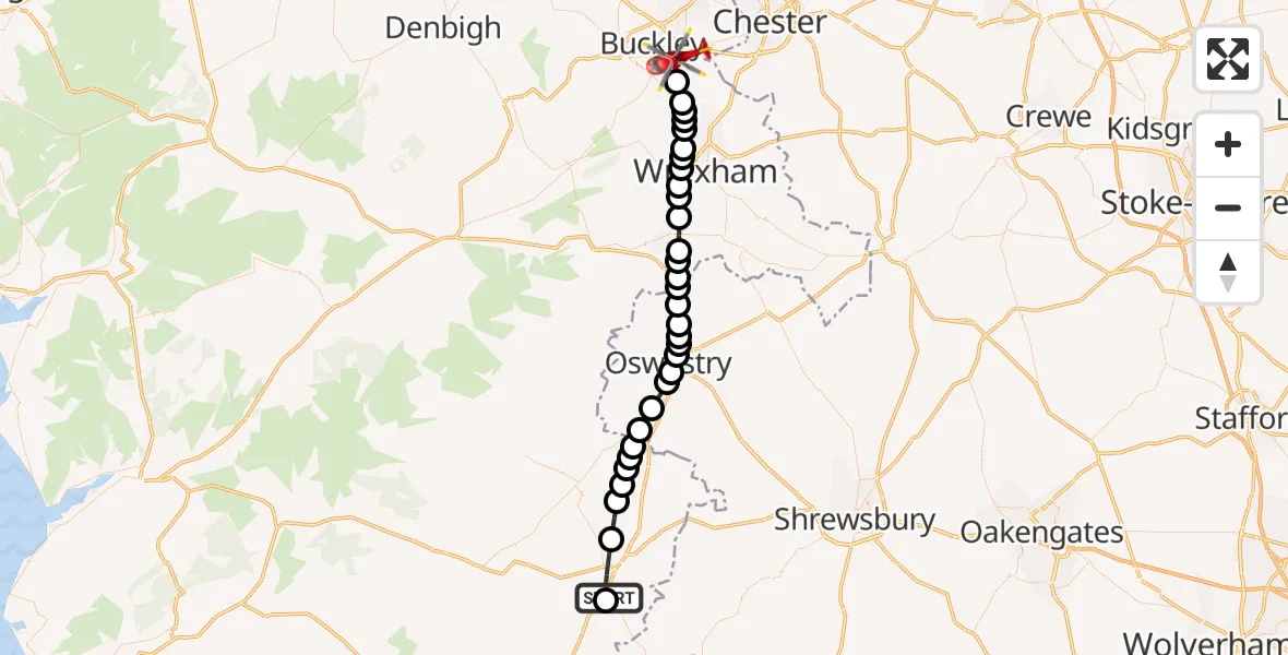 Flight route map: Air Ambulance Helicopter to Penyffordd, Ffordd Glynne