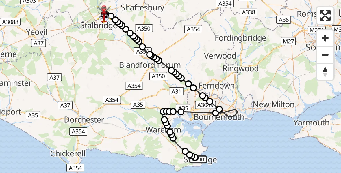 Flight route map: Air Ambulance Helicopter to Henstridge Airfield, Henstridge Airfield