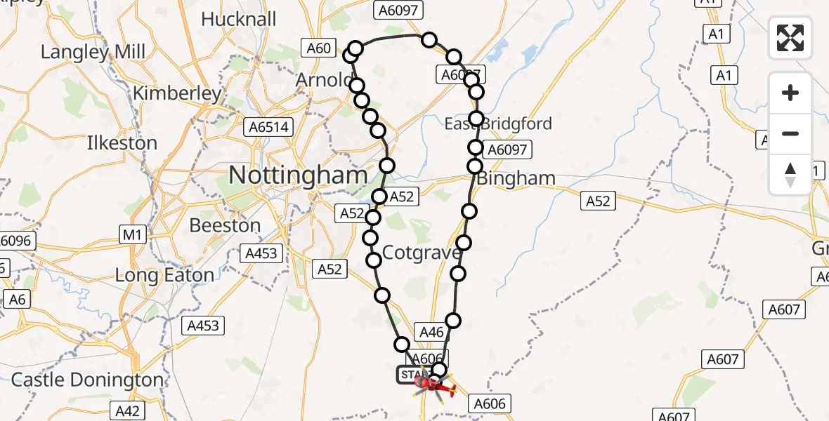 Flight route map: Air Ambulance Helicopter to Nottingham Heliport, Nottingham Heliport