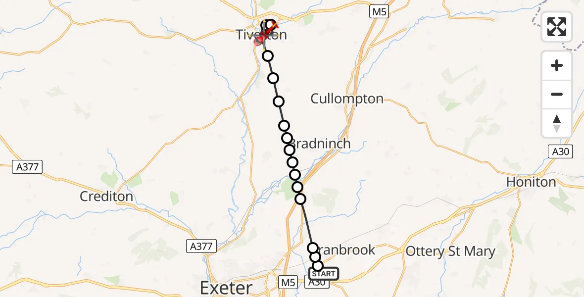 Flight route map: Air Ambulance Helicopter to Tiverton, Station Road