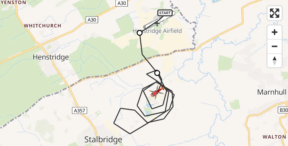 Flight route map: Air Ambulance Helicopter to Stalbridge, Stalbridge