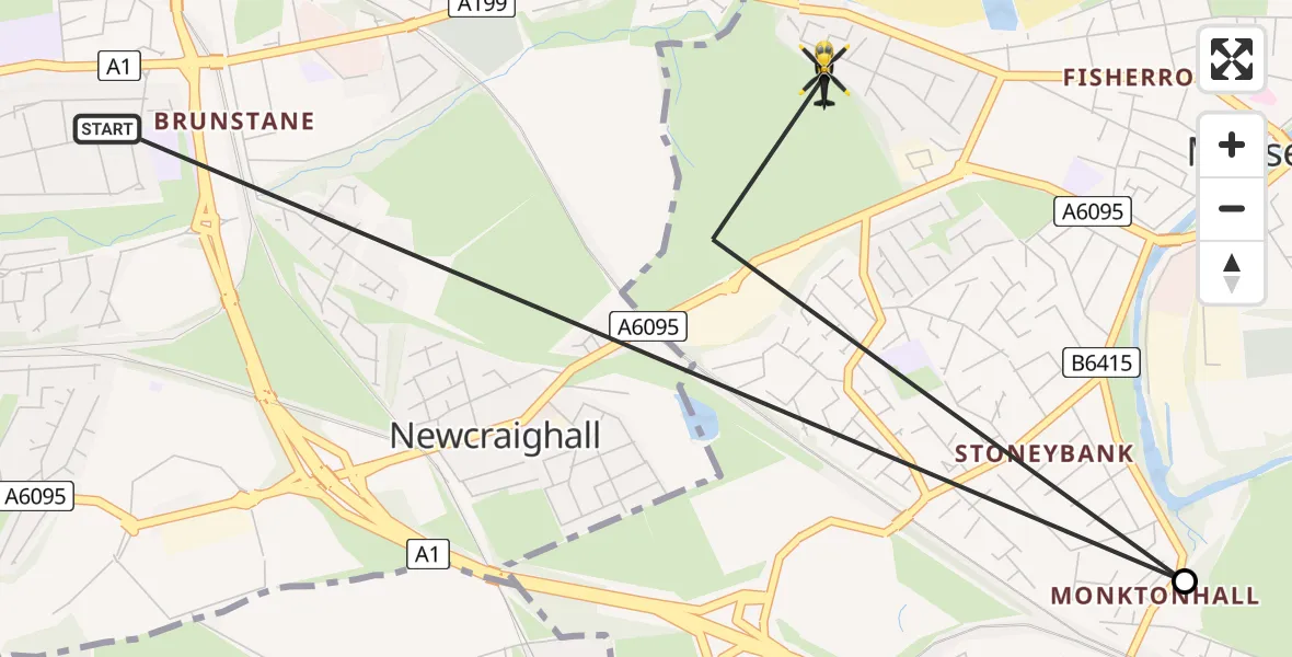 Flight route map: Police Helicopter to Musselburgh, Newhailes Crescent